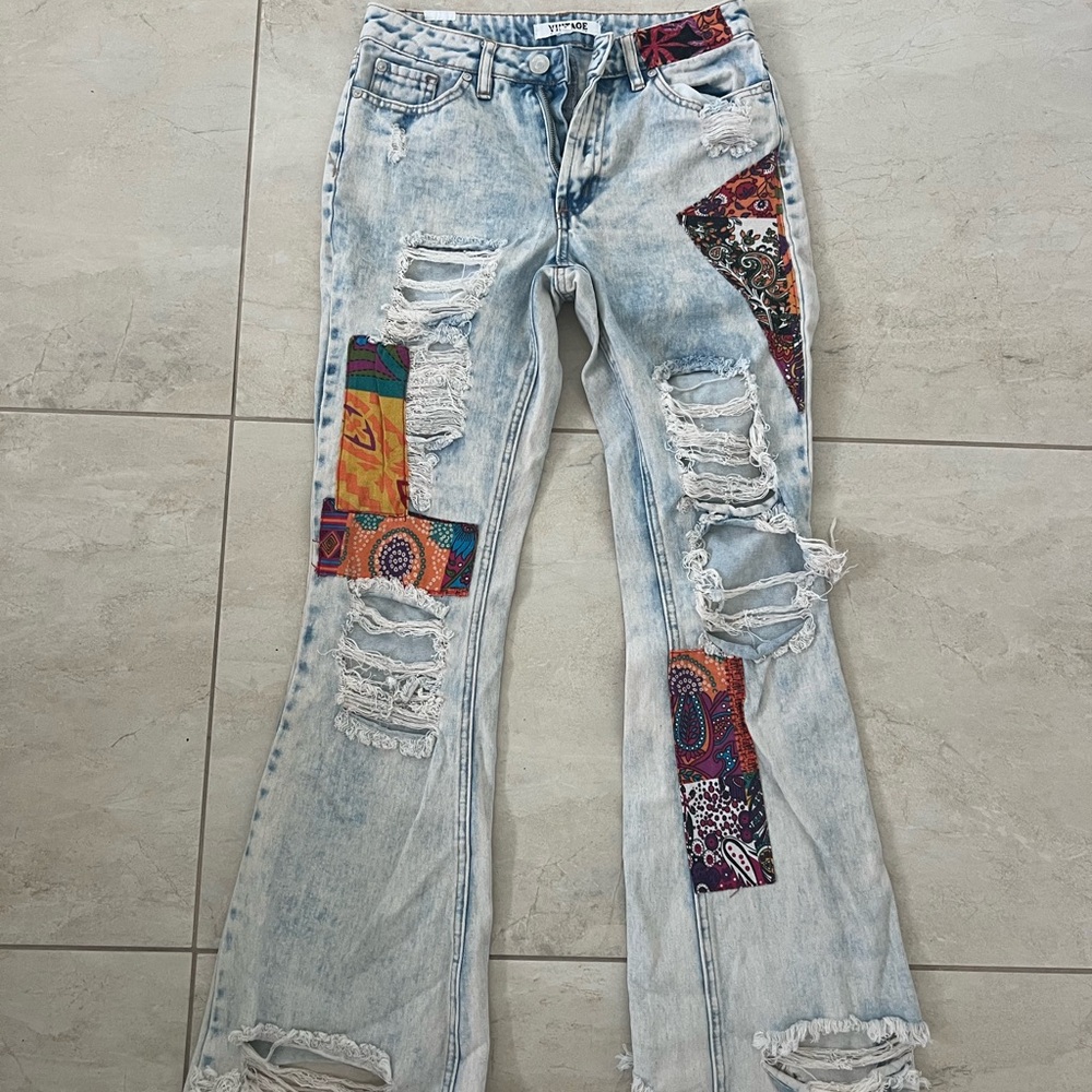 Almost Famous Distressed Light Blue Flare Jeans with Colorful Patchwork